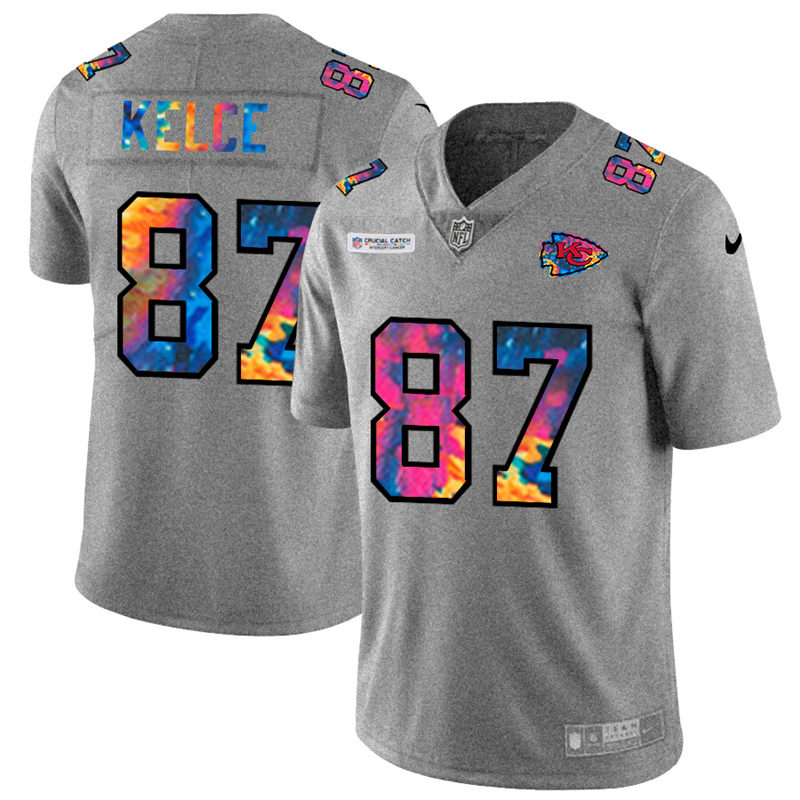 NFL Kansas City Chiefs #87 Travis Kelce Men Nike MultiColor 2020  Crucial Catch  Jersey Grey
